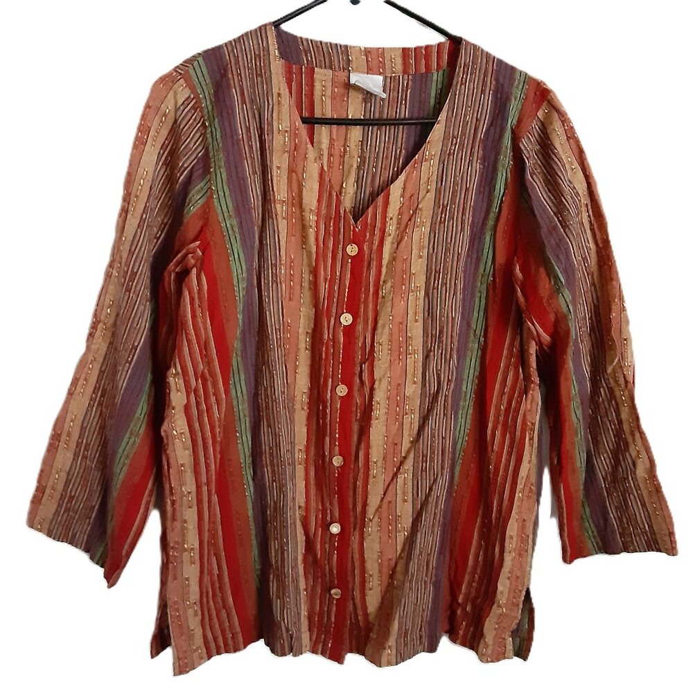 Roaman's Woman's Button-down Top Size L Striped 3/4 Sleeve Cotton Blend V-Neck